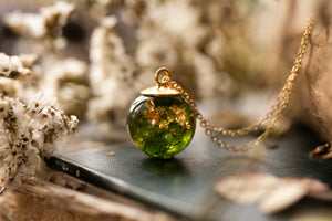 Forest moss droplet necklace with gold leaf