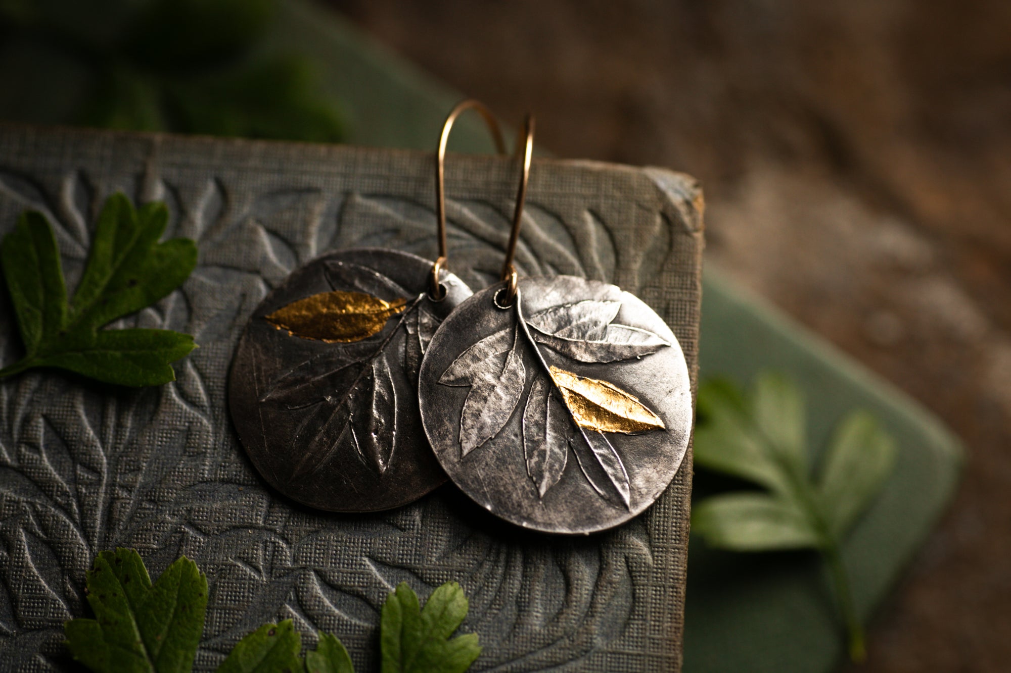 Hawthorne leaf earrings with 24k gold