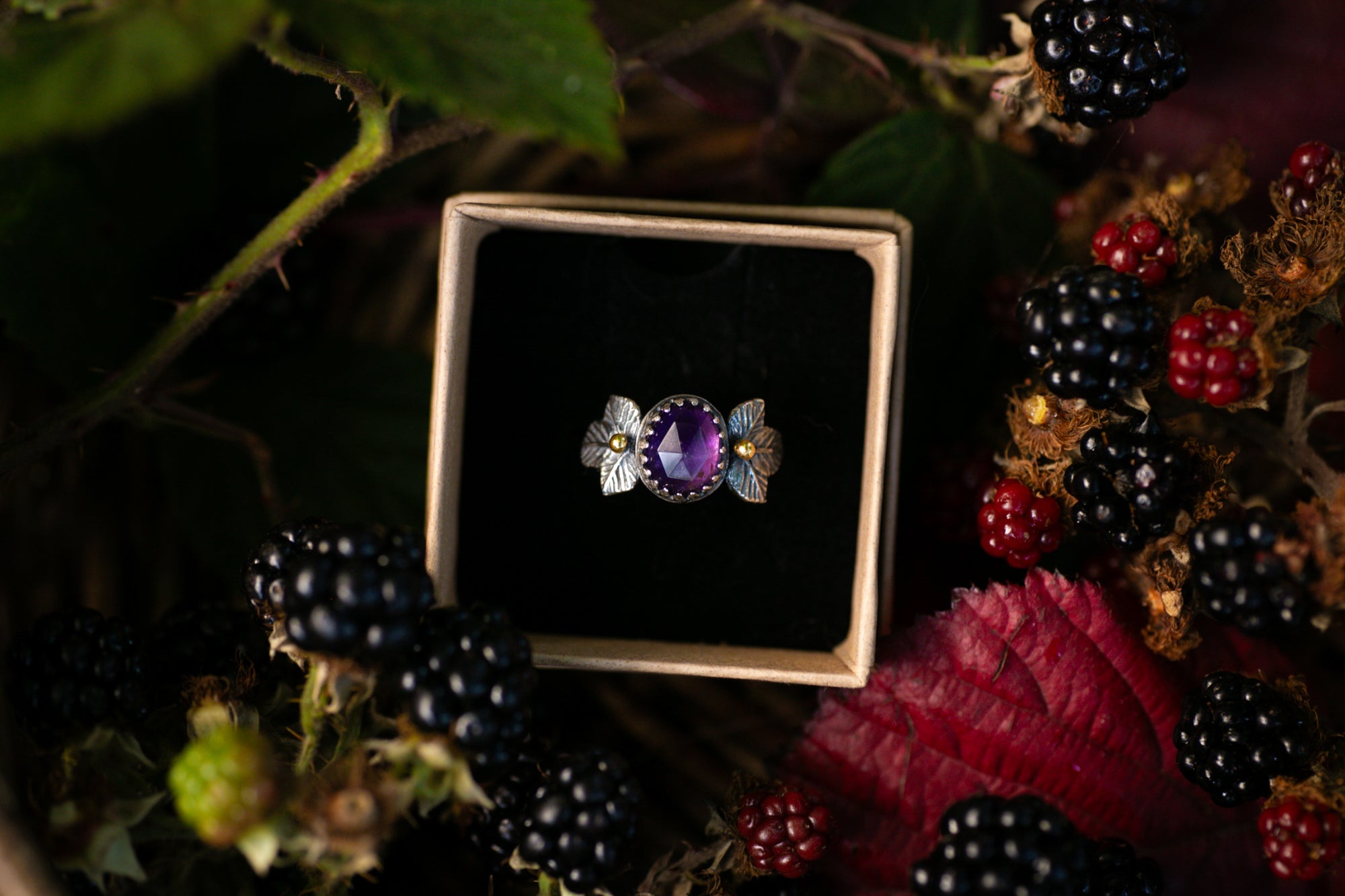 Autumn Blackberry Ring with Amethyst ~ For Healing, Protection & Resilience