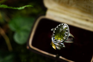 Hawthorne, Birch & Moldavite ring ~ For Hope & New Beginnings