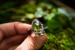 Hawthorne, Birch & Moldavite ring ~ For Hope & New Beginnings