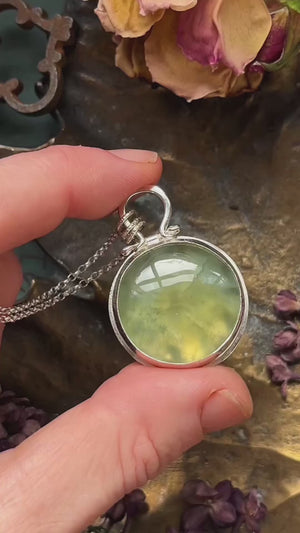 OOAK round Prehnite locket with wreath design