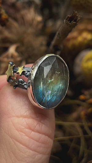 Northern lights ring ~ Labradorite, Rutile Quartz & Birch