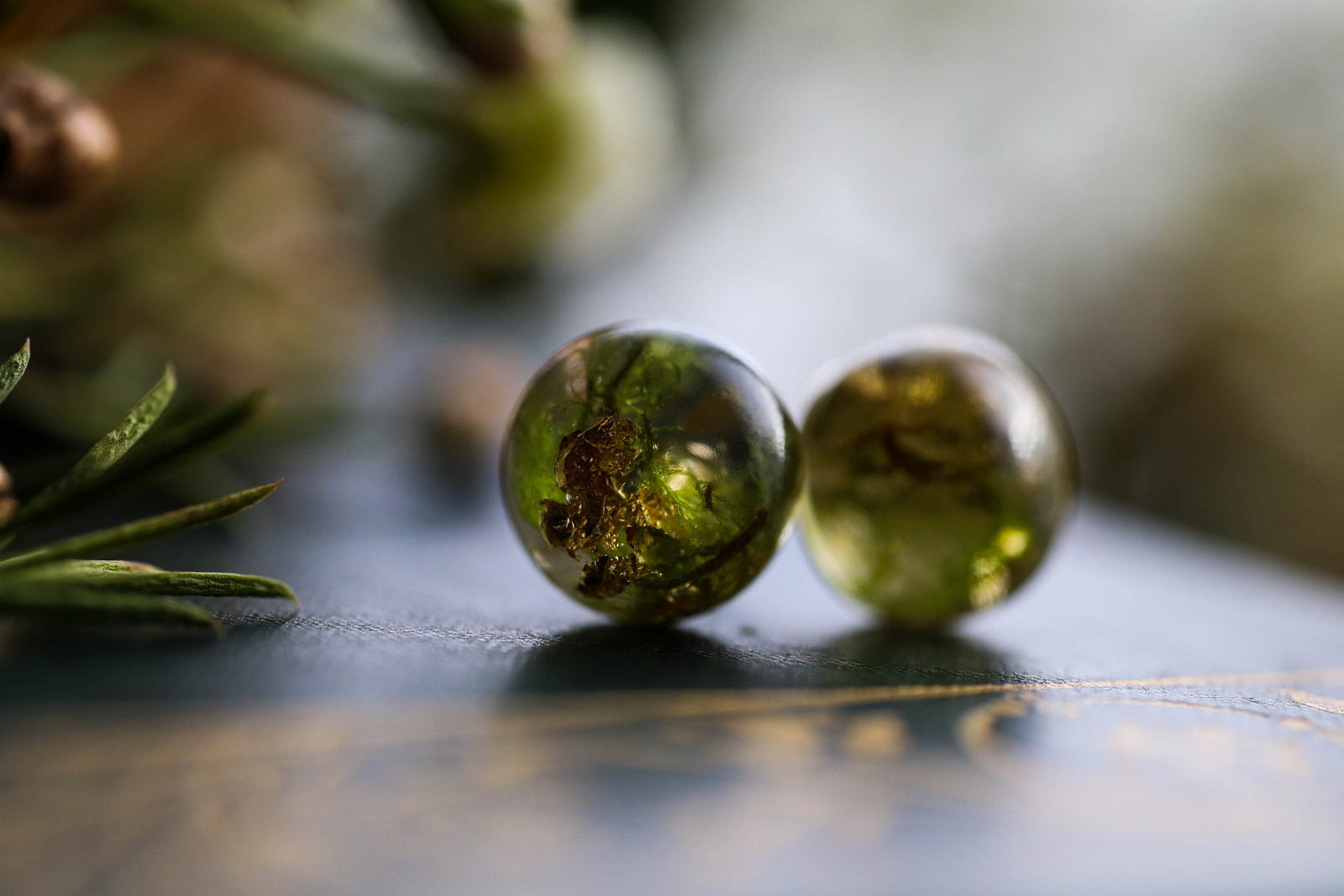 Forest moss and gold leaf earrings